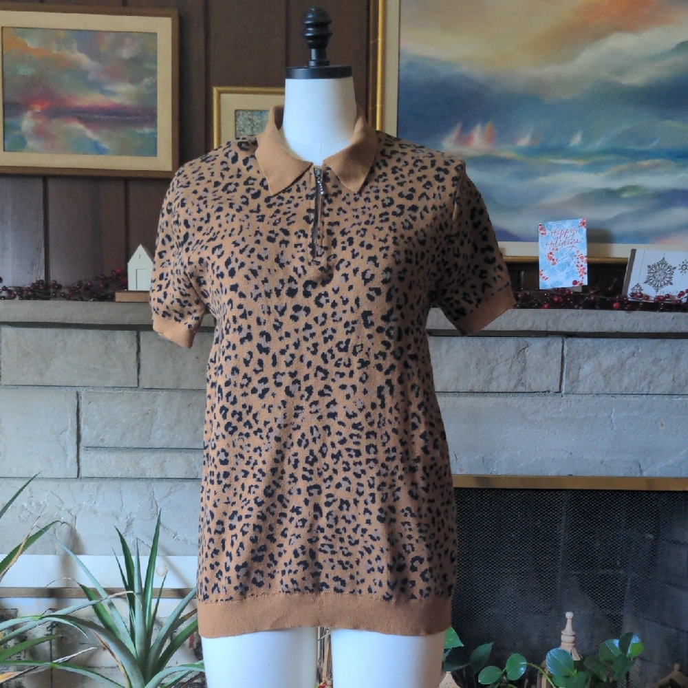 Forever 21 (Unisex) Men's Leopard Knit Polo With Zipper Cotton Animal Print